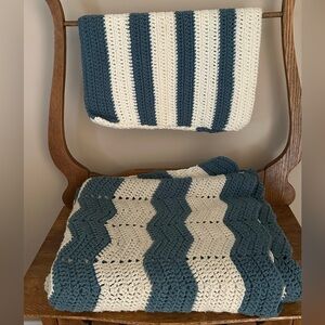 Vintage Handmade Crochet Throw Blanket in Soft Blue and Cream
